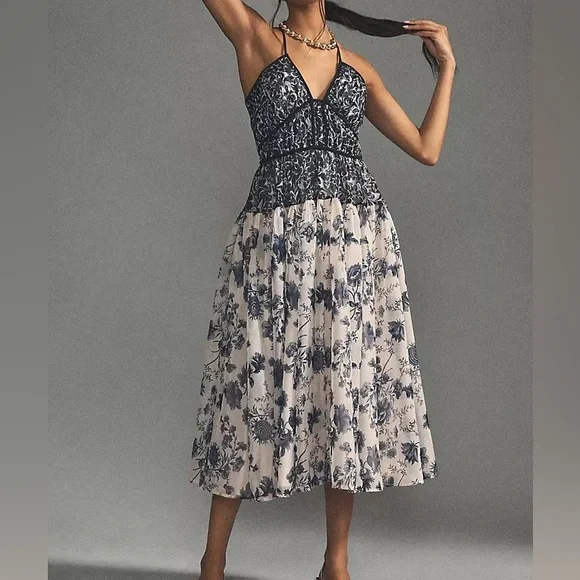 Anthropologie Halter Dress Black White V Neck Medium Midi NWT - Picture 5 of 16